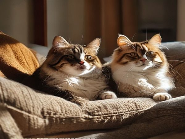 猫咪社区精选案例——一只三花猫从流浪到被领养后慵懒躺在新家沙发上的对比照，温暖的室内灯光映照出猫咪安心的神情，体现猫咪社区领养成功故事