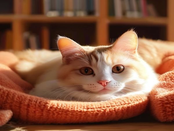 猫咪社区首页展示图——一只橘白色短毛猫趴在温暖的橙色毯子上，眼神慵懒而满足，背景是模糊的书架，光线柔和温馨，体现铲屎官居家养猫的日常氛围