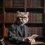 猫咪行为学研究者王明轩博士头像——休闲装束、书房背景、书架上摆满宠物行为学书籍，体现学术权威性